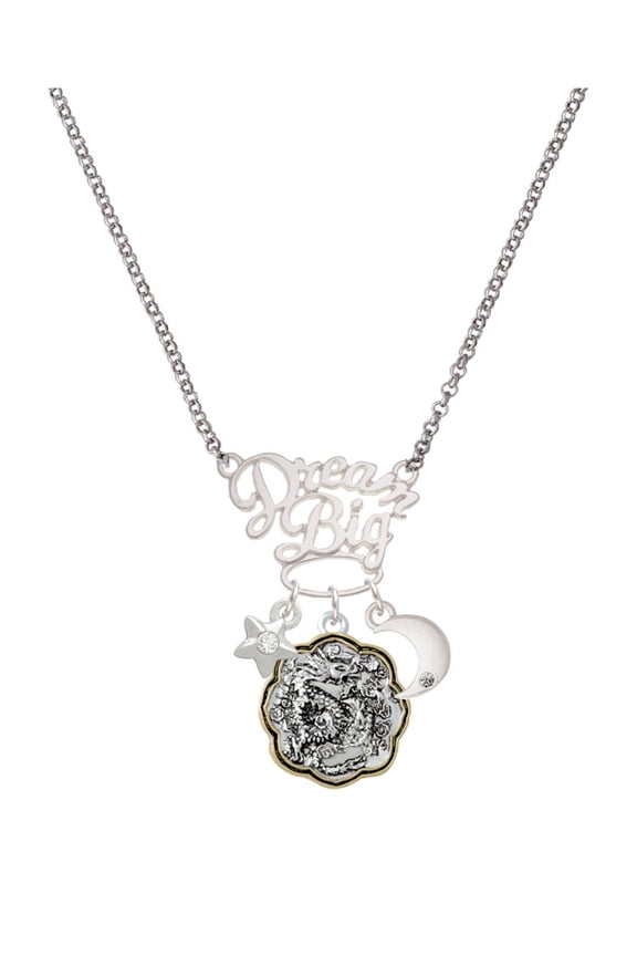 Two-tone Dragon and Phoenix Medallion Silvertone Dream Big Pendant Necklace, 25"