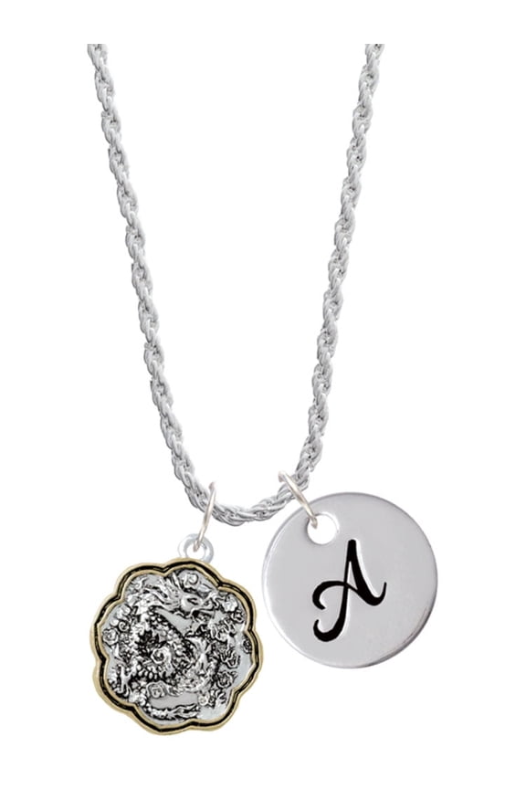 Two-tone Dragon and Phoenix Medallion Silvertone Script Initial Disc - A - Charm Necklace, 20"+3"