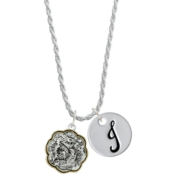 Delight Jewelry Two-tone Dragon and Phoenix Medallion Silvertone Script Initial Disc - J - Charm Necklace, 20"+3"