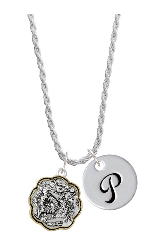 Two-tone Dragon and Phoenix Medallion Silvertone Script Initial Disc - P - Charm Necklace, 20"+3"