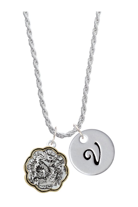 Two-tone Dragon and Phoenix Medallion Silvertone Script Initial Disc - V - Charm Necklace, 20"+3"