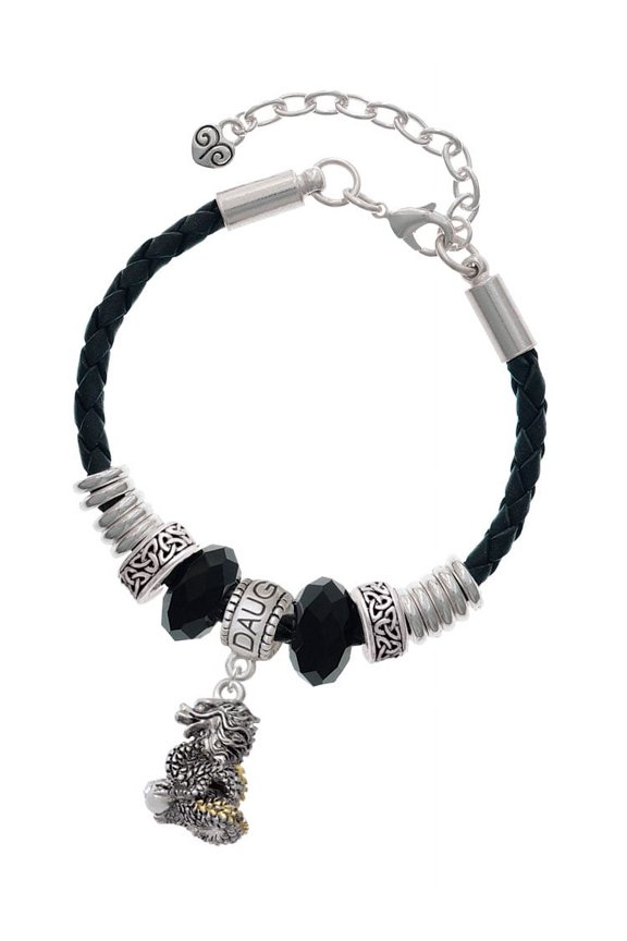 Two-tone Dragon with Crystals Daughter Celtic Knot Leather Bead Bracelet, 7"+2" Extender
