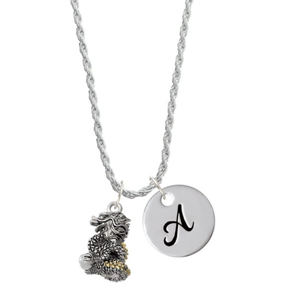 Delight Jewelry Two-tone Dragon with Crystals Silvertone Script Initial Disc - A - Charm Necklace, 20"+3"