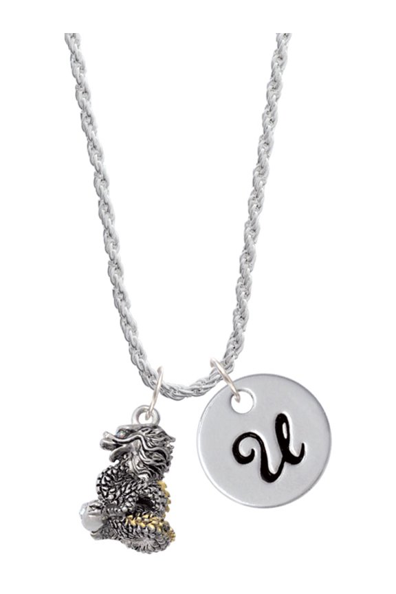Two-tone Dragon with Crystals Silvertone Script Initial Disc - U - Charm Necklace, 20"+3"