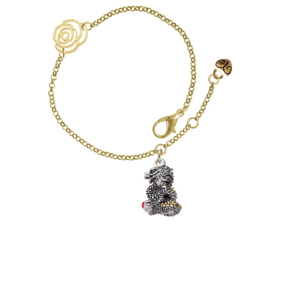 Delight Jewelry Two-tone Dragon with Red Crystals Gold-tone Rose Link Chain Bracelet, 6.25"+1.75" Extender