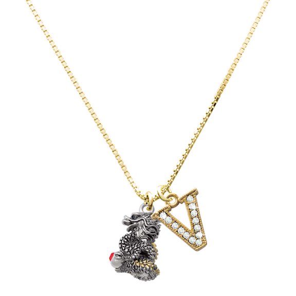 Delight Jewelry Two-tone Dragon with Red Crystals - Large Goldtone Crystal Initial - V - Charm Necklace, 17.5"+2"