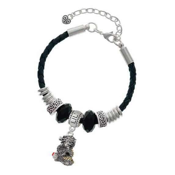 Delight Jewelry Two-tone Dragon with Red Crystals Middle Sister Celtic Knot Leather Bead Bracelet, 7"+2" Extender