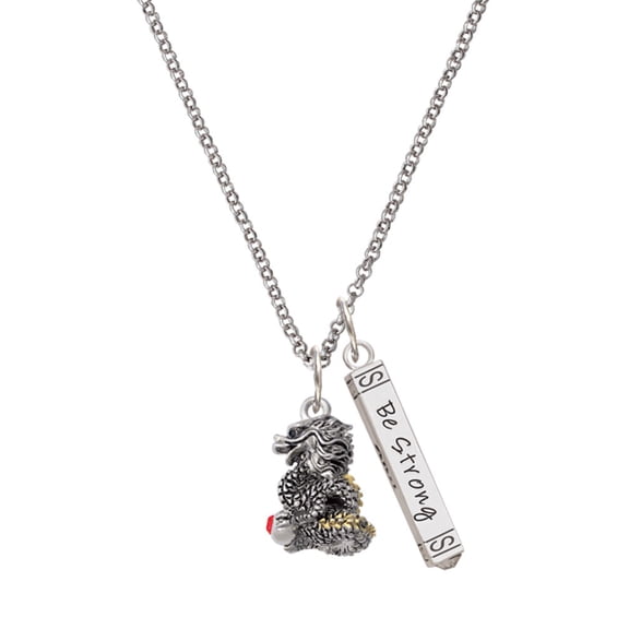 Delight Jewelry Two-tone Dragon with Red Crystals Silvertone Be Strong and Courageous Bar Charm Necklace, 23"