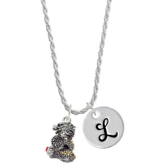 Delight Jewelry Two-tone Dragon with Red Crystals Silvertone Script Initial Disc - L - Charm Necklace, 20"+3"