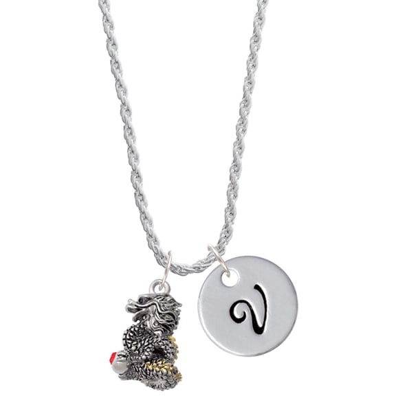 Delight Jewelry Two-tone Dragon with Red Crystals Silvertone Script Initial Disc - V - Charm Necklace, 20"+3"