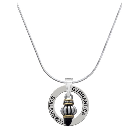 Delight Jewelry Two-tone Drop with Black Crystal Gymnastics Ring Charm Necklace, 18"