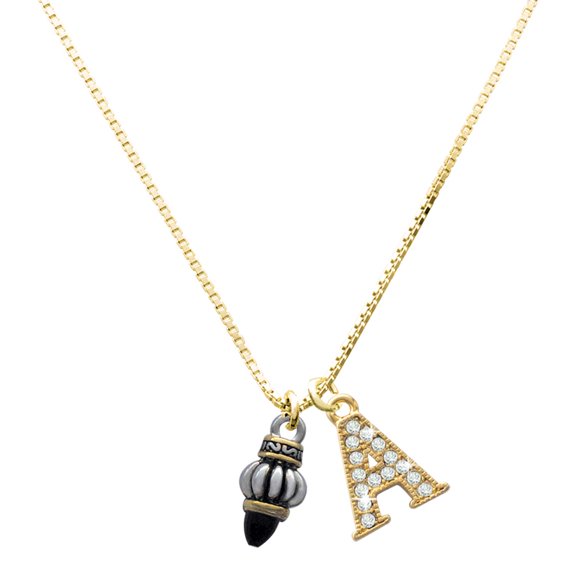 Delight Jewelry Two-tone Drop with Black Crystal - Large Goldtone Crystal Initial - A - Charm Necklace, 17.5"+2"