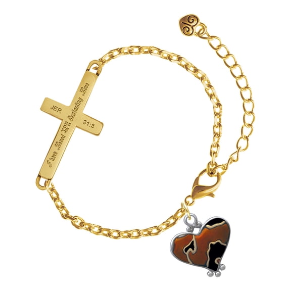 Delight Jewelry Two-tone Enamel Cheetah Print Heart - Gold Tone Jeremiah 31:3 Everlasting Love Engraved Cross Charm Bracelet, 6.5+1.5" Extender