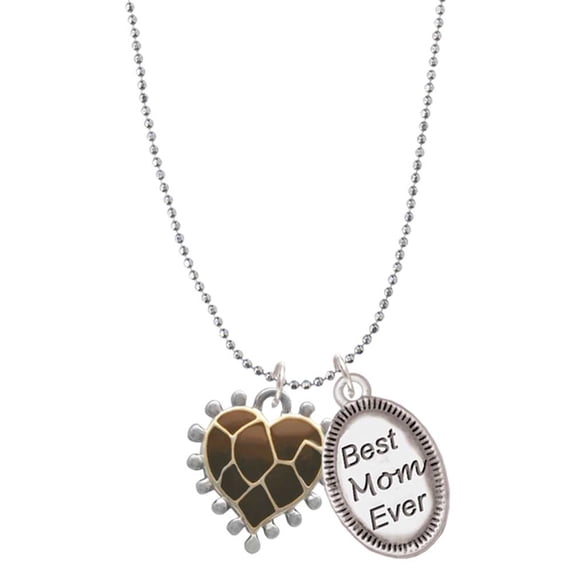 Delight Jewelry Two-tone Enamel Giraffe Print Heart Best Mom Ever Charm Necklace