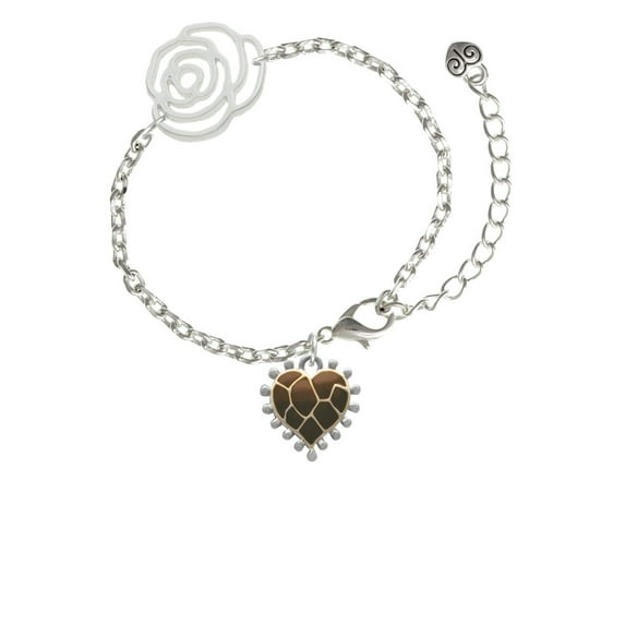 Delight Jewelry Two-tone Enamel Giraffe Print Heart Silver-tone Flower Link Chain Bracelet, 6.75"+2" Extender