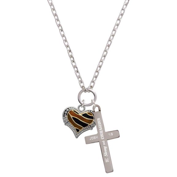 Delight Jewelry Two-tone Enamel Tiger Print Heart Be Strong and Courageous Engraved Cross Zoey Necklace, 28"