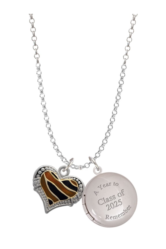 Two-tone Enamel Tiger Print Heart - Class of 2025 Year to Remember Locket Charm Necklace, 19+2" Extender