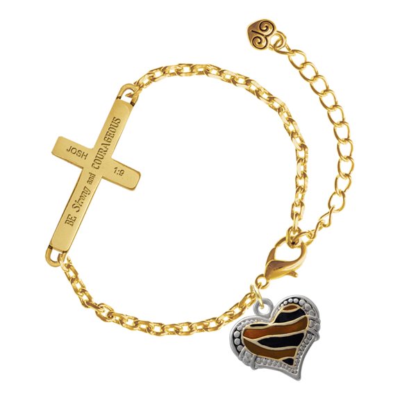 Delight Jewelry Two-tone Enamel Tiger Print Heart - Gold Tone Joshua 1:9 Strong and Courageous Engraved Cross Charm Bracelet, 6.5+1.5" Extender