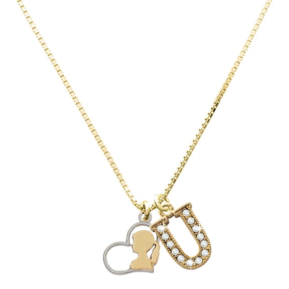Delight Jewelry Two-tone Female Silhouette in Heart - Large Goldtone Crystal Initial - U - Charm Necklace, 17.5"+2"