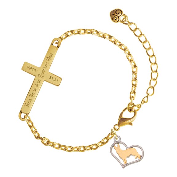 Delight Jewelry Two-tone German Shepard Silhouette Heart - Gold Tone Proverbs 31:31 Praise Her for all Her Hands have Done Engraved Cross Charm Bracelet, 6.5+1.5" Extender