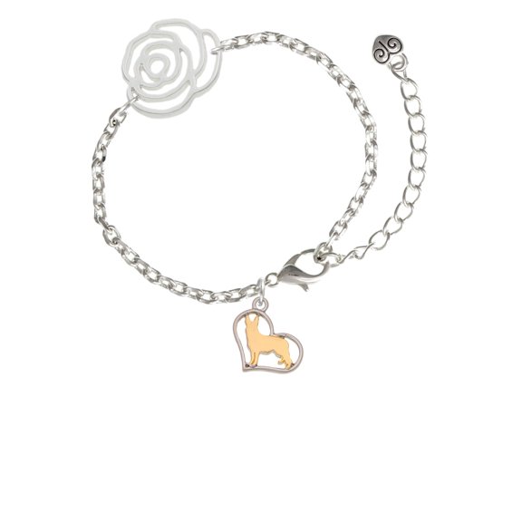 Delight Jewelry Two-tone German Shepard Silhouette Heart Silver-tone Flower Link Chain Bracelet, 6.75"+2" Extender