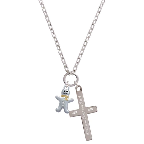 Delight Jewelry Two-tone Gingerbread Man with Crystal Buttons I Set You Apart Engraved Cross Zoey Necklace, 28"