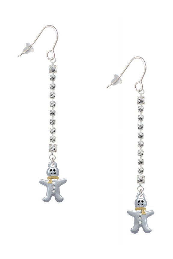 Two-tone Gingerbread Man with Crystal Buttons - Silver-tone Long Sparkle Dangle French Earrings