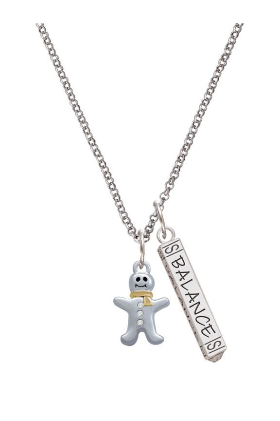 Two-tone Gingerbread Man with Crystal Buttons Silvertone Balance Bar Charm Necklace, 23"
