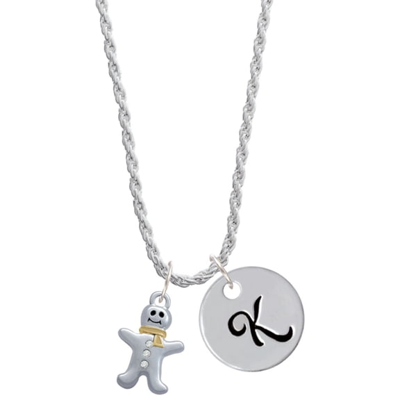 Delight Jewelry Two-tone Gingerbread Man with Crystal Buttons Silvertone Script Initial Disc - K - Charm Necklace, 20"+3"