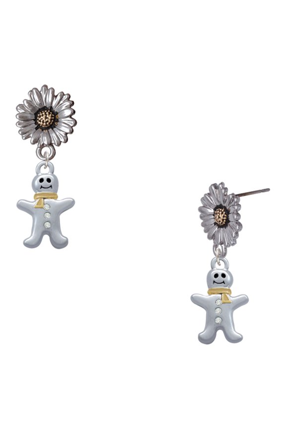 Two-tone Gingerbread Man with Crystal Buttons - Two-tone Daisy Flower Post Earrings