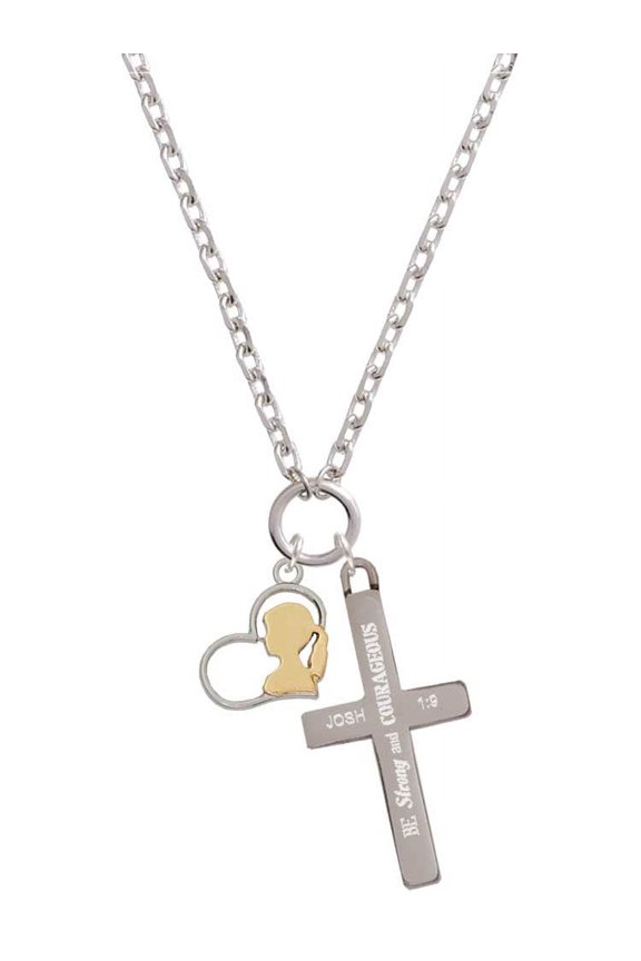 Two-tone Girl Silhouette in Heart Be Strong and Courageous Engraved Cross Zoey Necklace, 28"