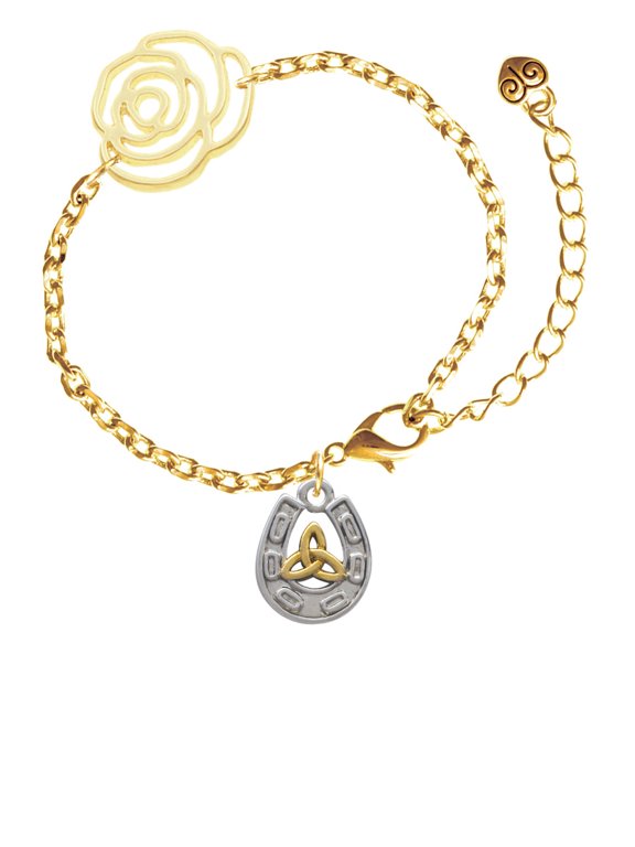 Two-tone Horseshoe with Trinity Knot Gold-tone Flower Link Chain Bracelet, 6.75"+2" Extender