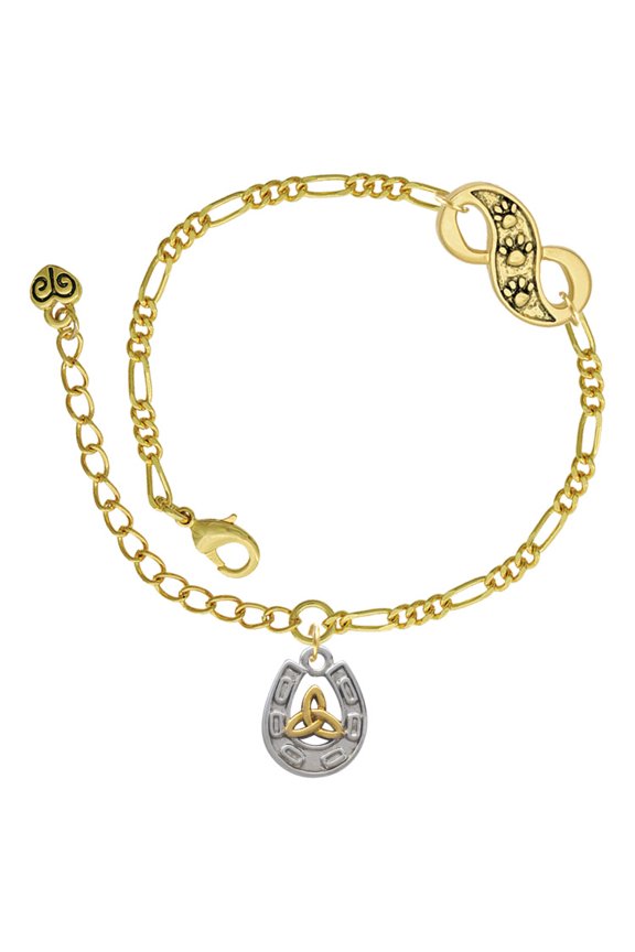 Two-tone Horseshoe with Trinity Knot Gold-tone Paw Infinity Link Chain Bracelet, 6"+2" Extender