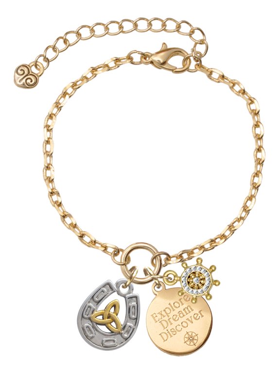 Two-tone Horseshoe with Trinity Knot Goldtone Discover Dream Explore Zoey Charm Bracelet, 6.5+2" Extender