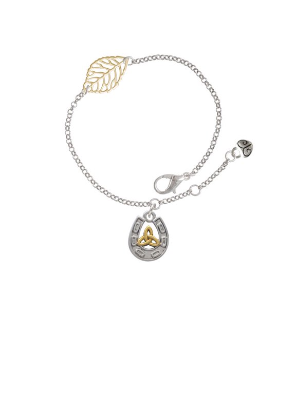 Two-tone Horseshoe with Trinity Knot - Goldtone Leaf Delicate Bracelet, 6.25+1.75"