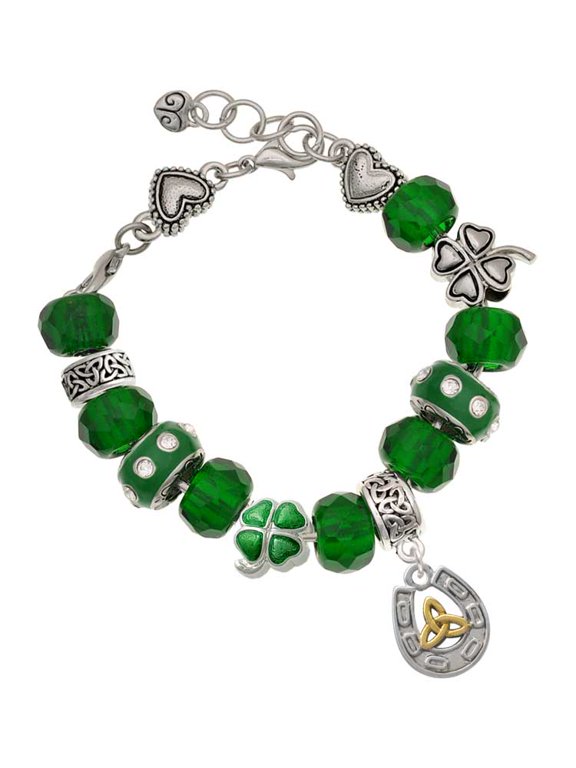 Two-tone Horseshoe with Trinity Knot - Green Irish Luck Bead Charm Bracelet, 7.5"