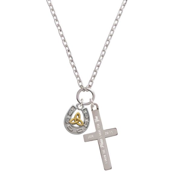 Delight Jewelry Two-tone Horseshoe with Trinity Knot I Have Plans for You Engraved Cross Zoey Necklace, 28"