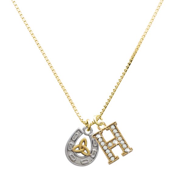 Delight Jewelry Two-tone Horseshoe with Trinity Knot - Large Goldtone Crystal Initial - H - Charm Necklace, 17.5"+2"