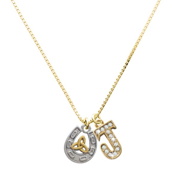 Delight Jewelry Two-tone Horseshoe with Trinity Knot Charm and Goldtone Crystal Initial J Charm Necklace, 17.5"+2"