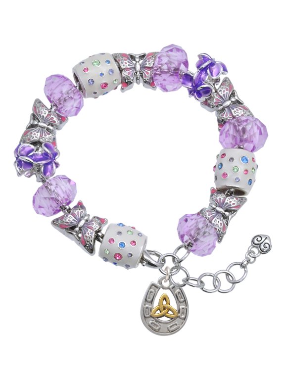 Two-tone Horseshoe with Trinity Knot Purple Butterfly Bead Charm Bracelet, 7"+1" Extender