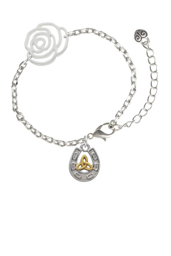 Two-tone Horseshoe with Trinity Knot Silver-tone Flower Link Chain Bracelet, 6.75"+2" Extender