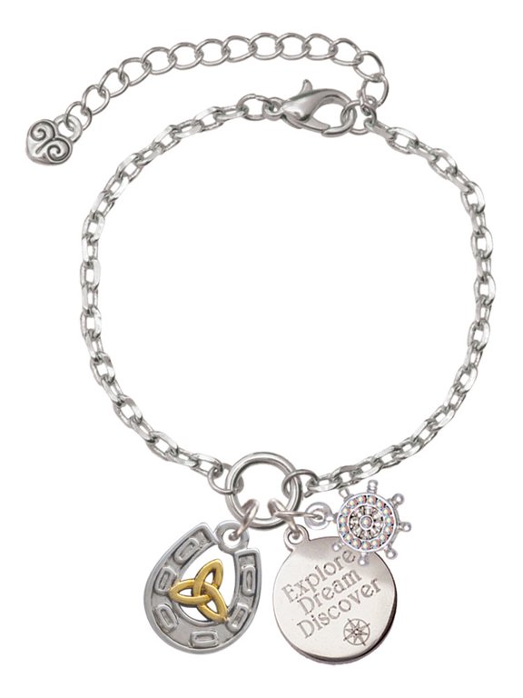 Two-tone Horseshoe with Trinity Knot Silvertone Discover Dream Explore Zoey Charm Bracelet, 6.5+2" Extender