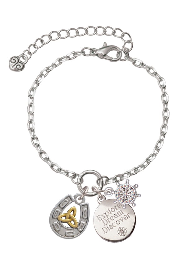 Two-tone Horseshoe with Trinity Knot Silvertone Discover Dream Explore Zoey Charm Bracelet, 6.5+2" Extender