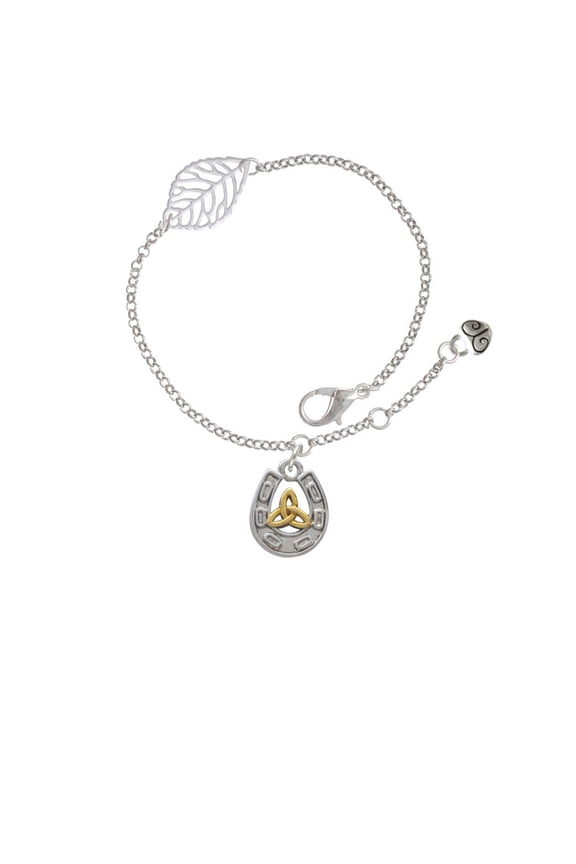 Two-tone Horseshoe with Trinity Knot - Silvertone Leaf Delicate Bracelet, 6.25+1.75"