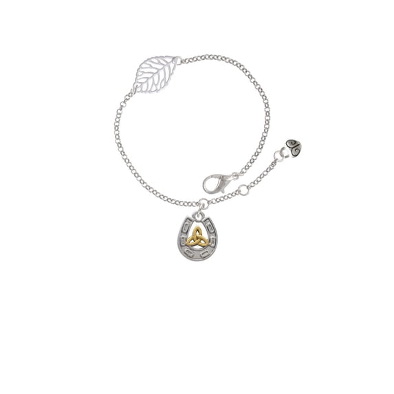 Delight Jewelry Two-tone Horseshoe with Trinity Knot - Silvertone Leaf Delicate Bracelet, 6.25+1.75"