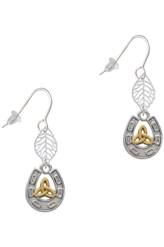 Two-tone Horseshoe with Trinity Knot Silvertone Leaf French Earrings
