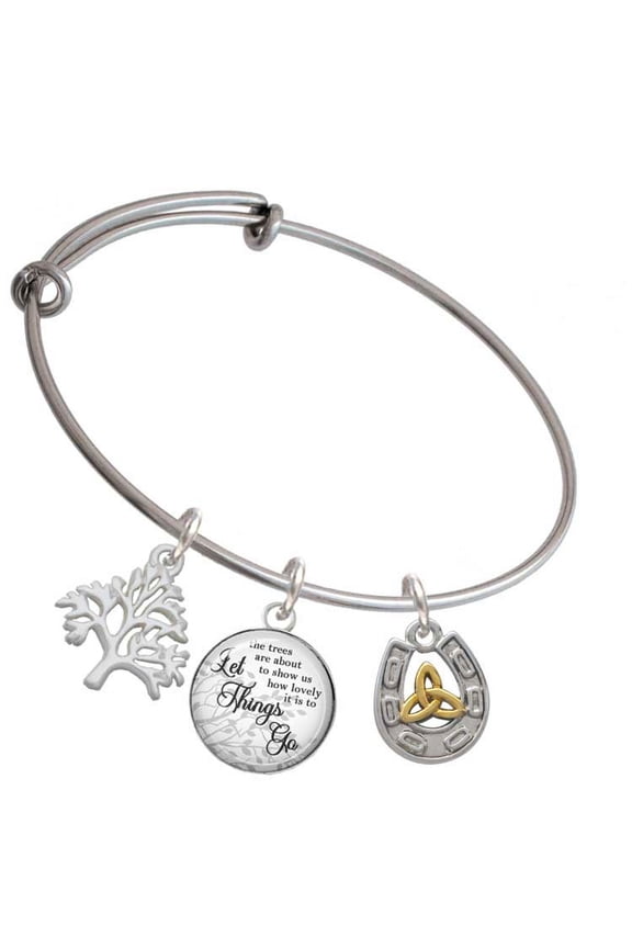 Two-tone Horseshoe with Trinity Knot Silvertone Let Things Go Tree Charm Bangle Bracelet