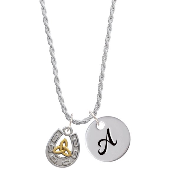 Delight Jewelry Two-tone Horseshoe with Trinity Knot Silvertone Script Initial Disc - A - Charm Necklace, 20"+3"
