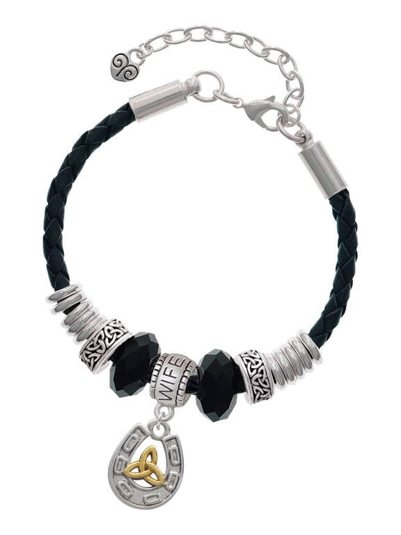 Two-tone Horseshoe with Trinity Knot Wife Celtic Knot Leather Bead Bracelet, 7"+2" Extender