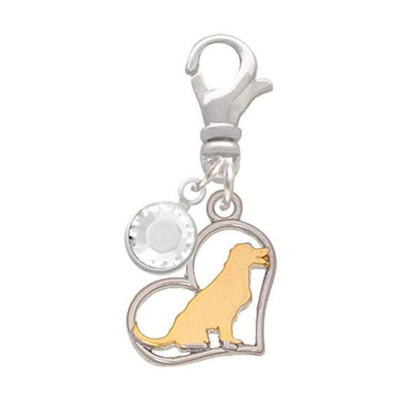Delight Jewelry Two-tone Labrador Silhouette Heart - Silvertone Clip on Charm with Clear Crystal Drop